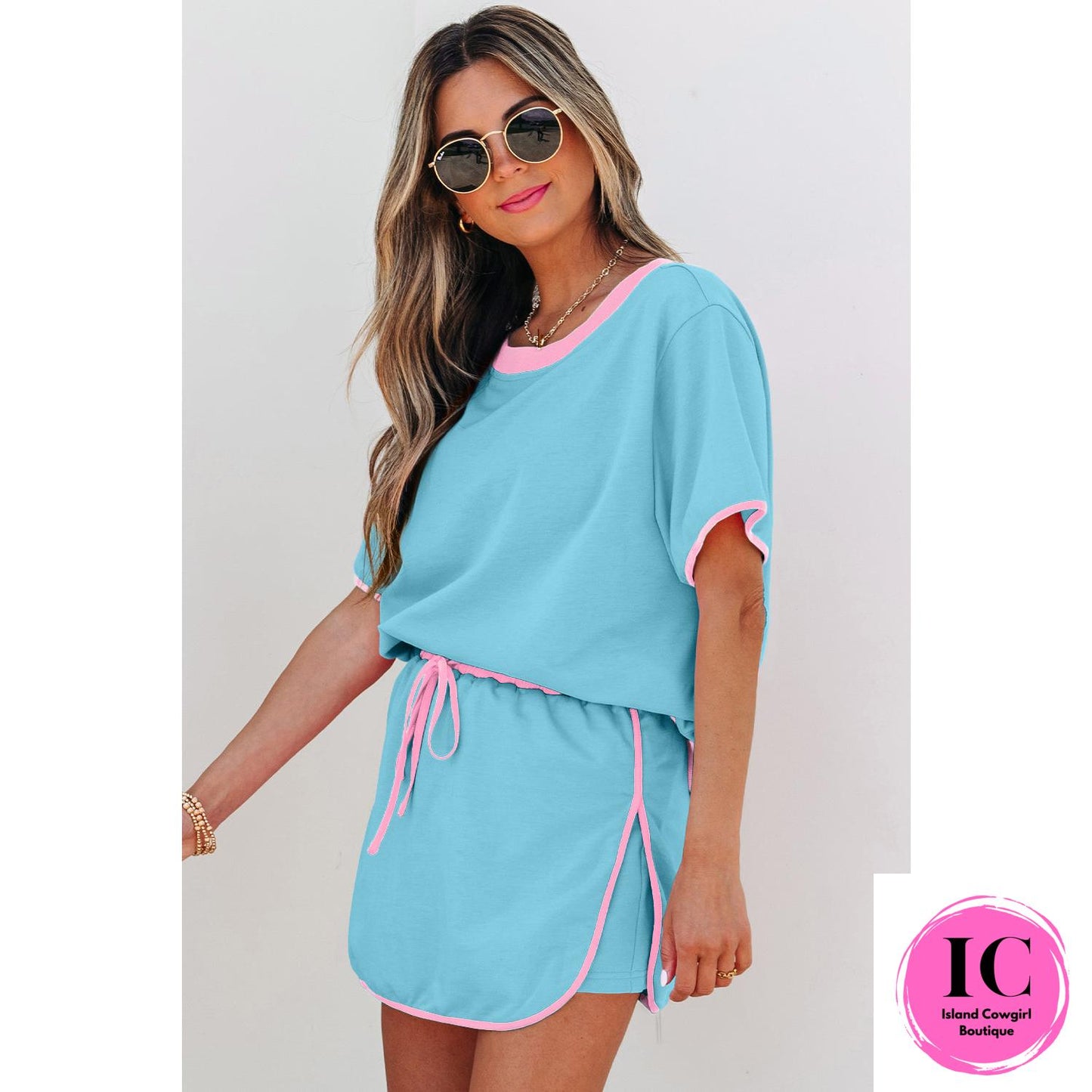 Turquoise Colorblock Edge Drop Shoulder T Shirt and Skort 2Pcs Set
