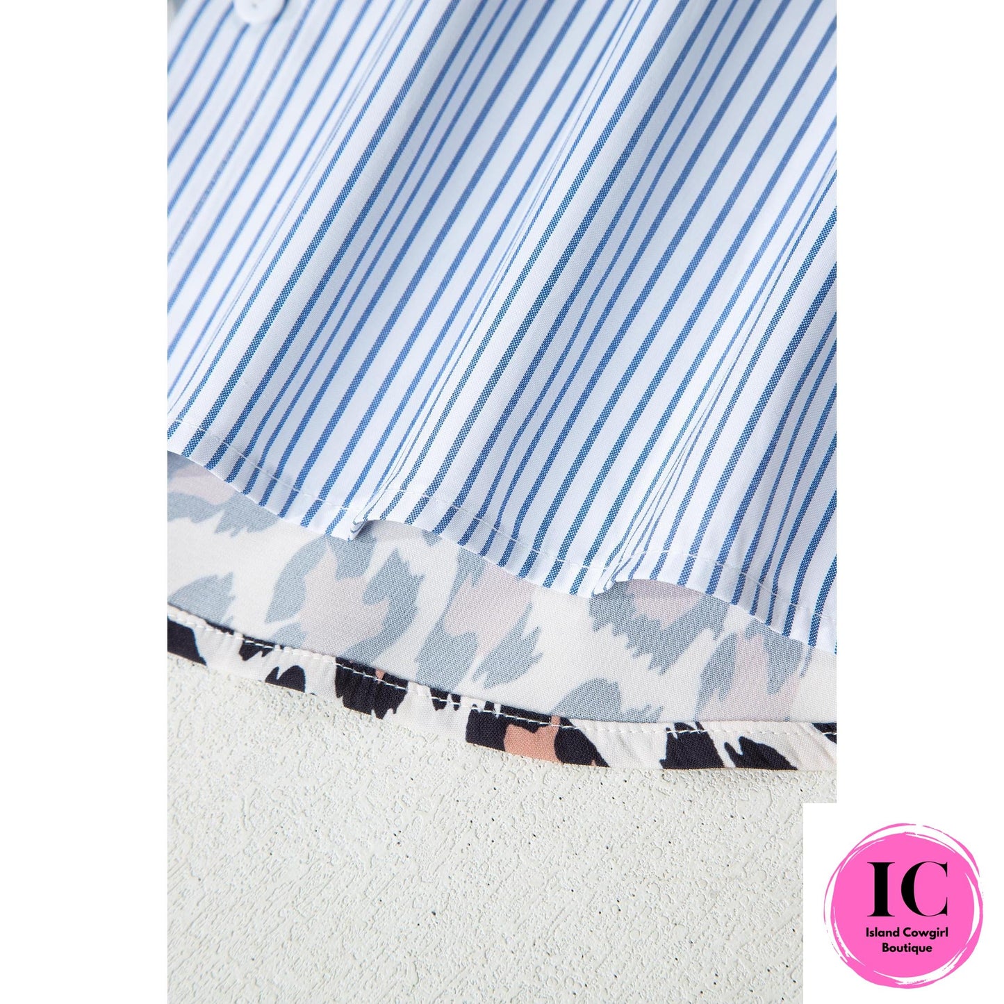 Sky Blue Stripe Colorblock Leopard Patchwork Chest Pocket Cuffed Sleeve Shirt