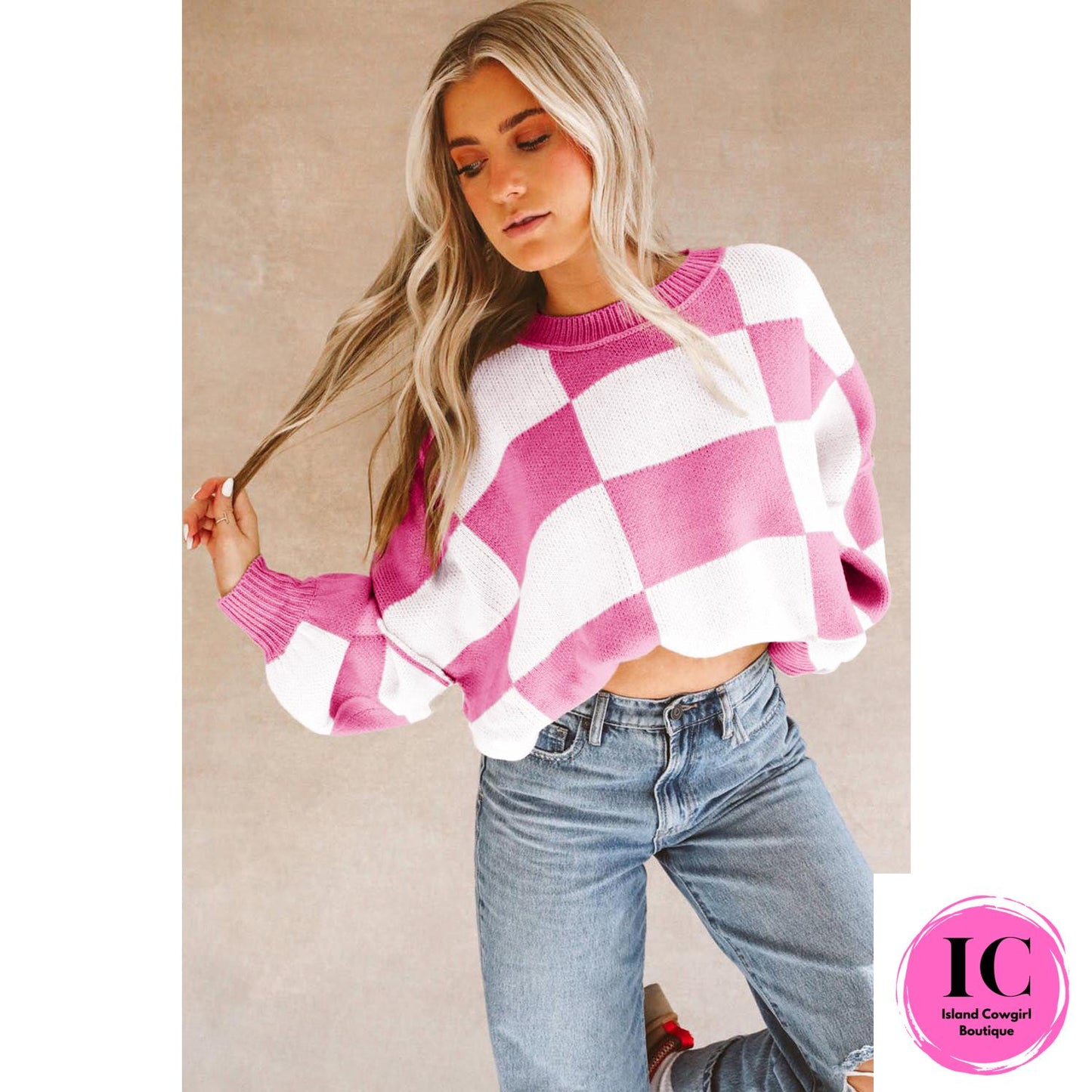 Dark Brown Checkered Bishop Sleeve Sweater