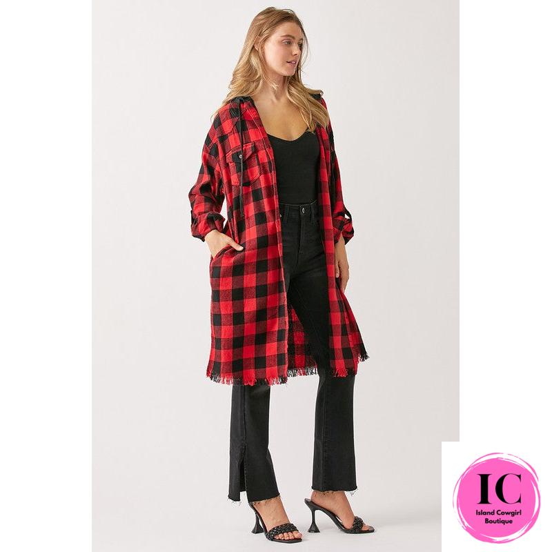 Stay Here Red Buffalo Plaid Button Down Shacket