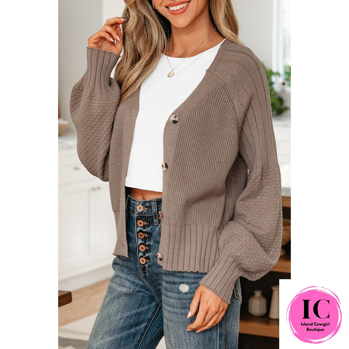 Light Pink Mixed Texture Knit Button V Neck Sweater Cardigan