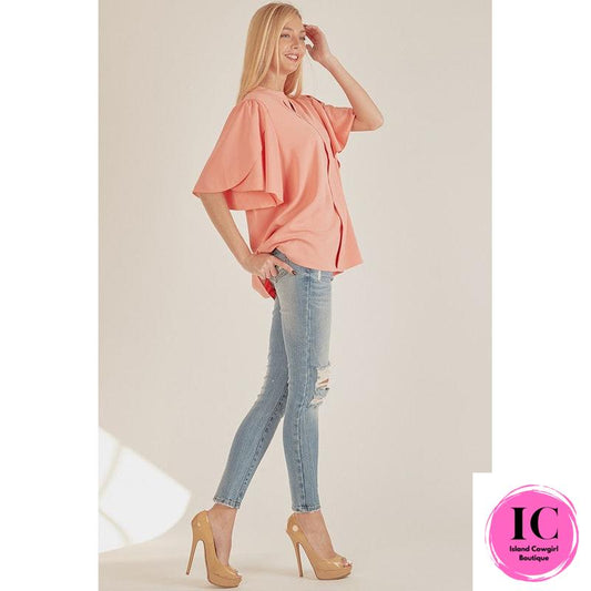 See You Out Light Coral Ruffled Blouse