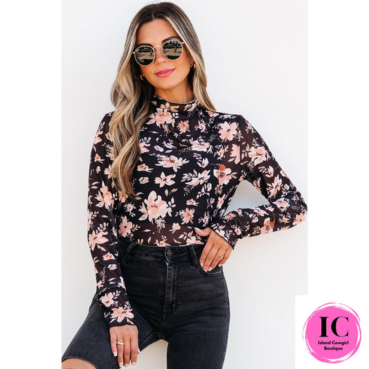 Black Floral Mesh Mock Neck Long Sleeve Slim Fit Top