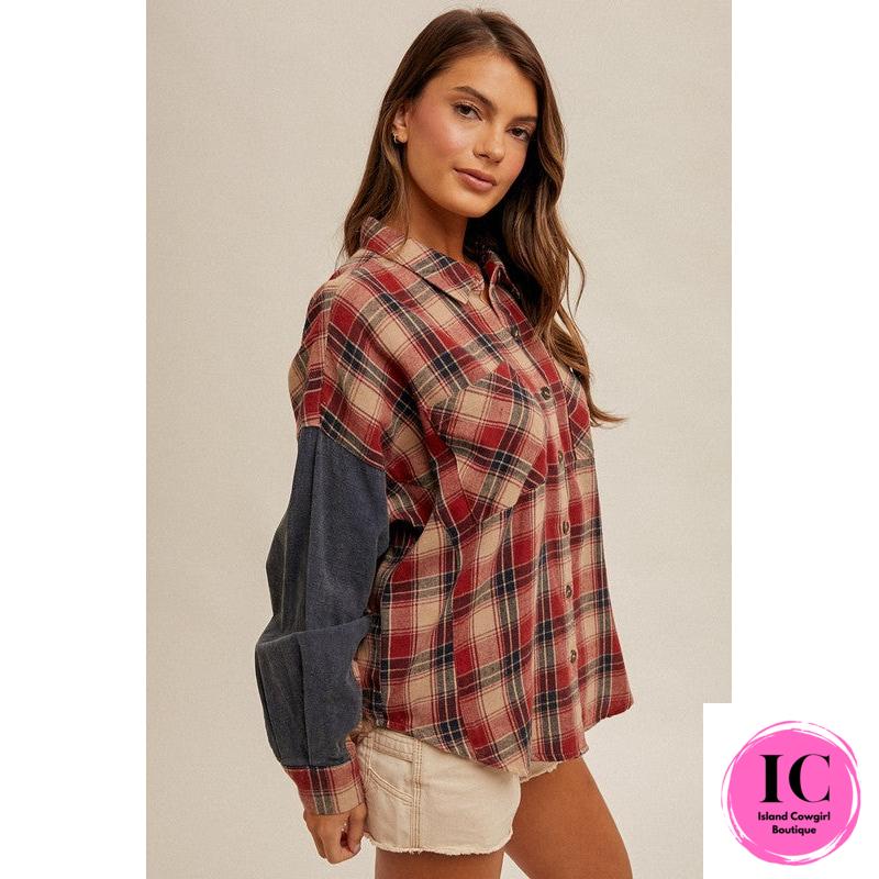 Who You Are Red Plaid Show Washed Shacket