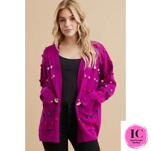 Pom-Pom Knit Magenta Cardigan