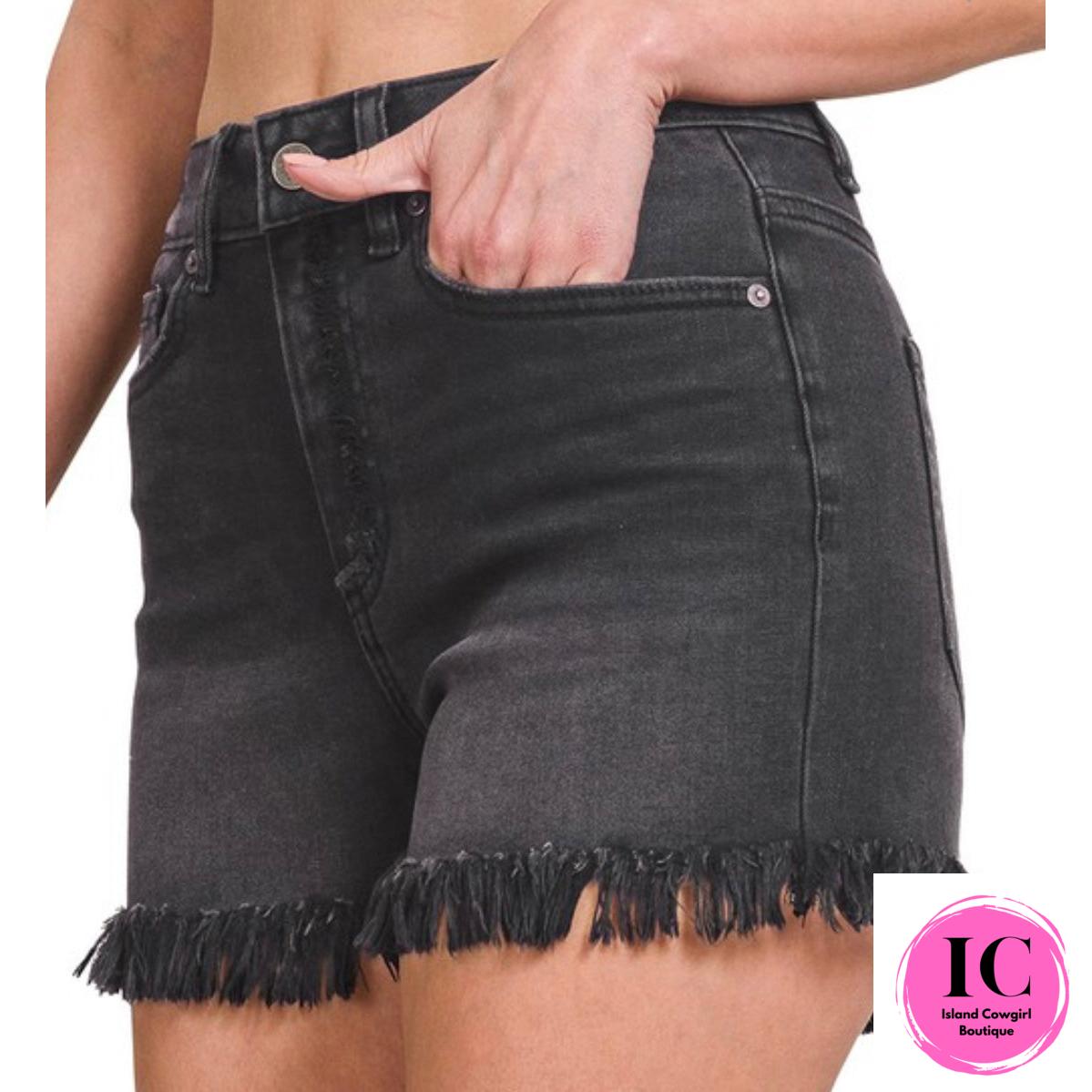 Acid Washed Frayed Black Jean Shorts