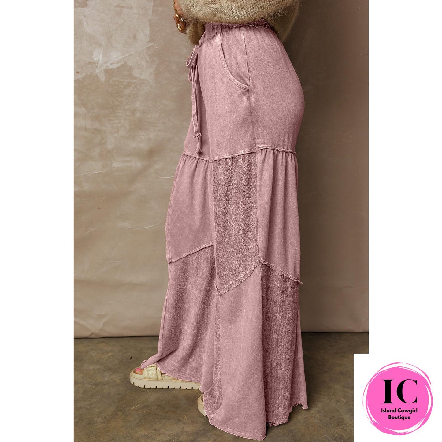 Wild Ginger Careys Mineral Wash Tiered Wide Leg Patchwork Drawstring Pants