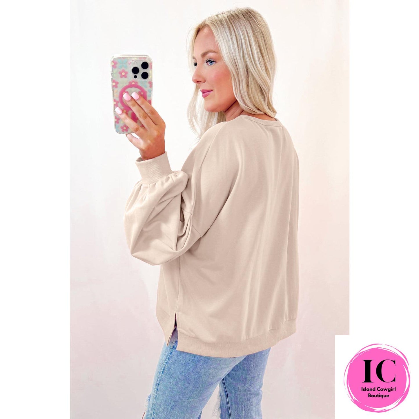 Light Pink Embroidered Bow Lantern Sleeve Oversized Pullover Sweatshirt