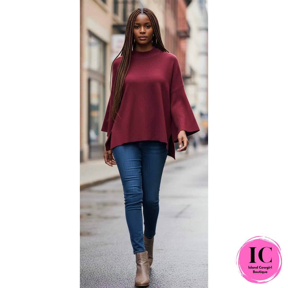 Just A Feeling Cabernet Mock Neck Sweater