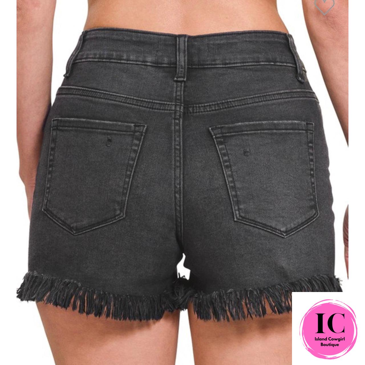 Acid Washed Frayed Black Jean Shorts