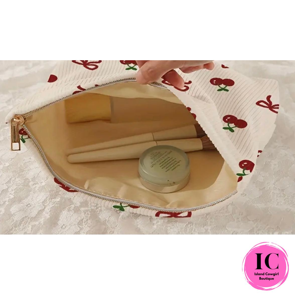 Cherry Bow Corduroy Make Up Bag