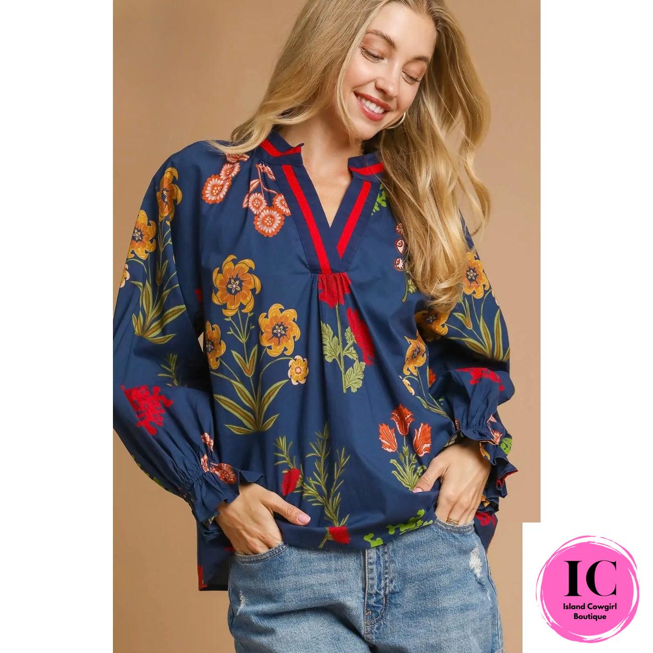 Playful With You Blue Floral Blouse
