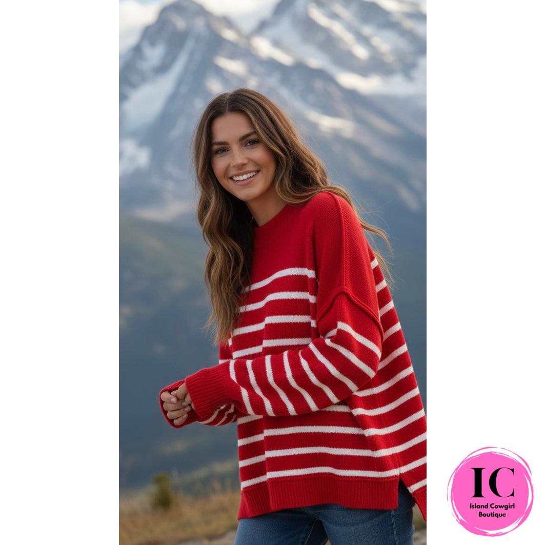 Ready For The Day Red Striped Sweater