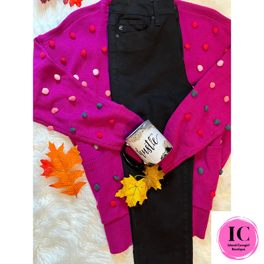 Pom-Pom Knit Magenta Cardigan