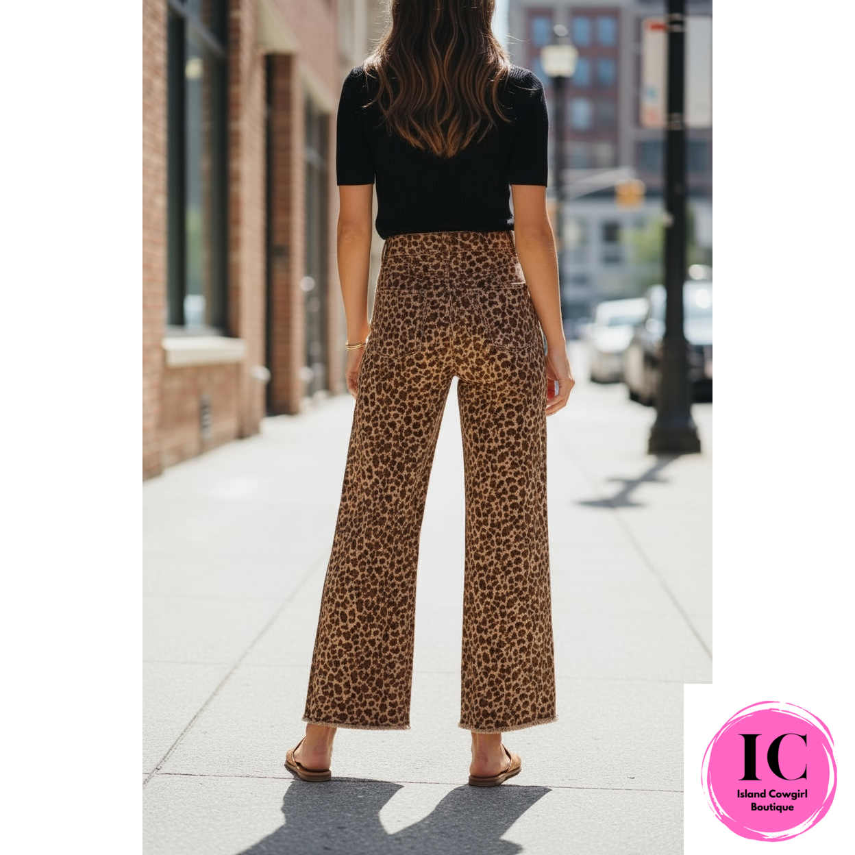 Mid Rise Leopard Denim Frayed Hem Pants
