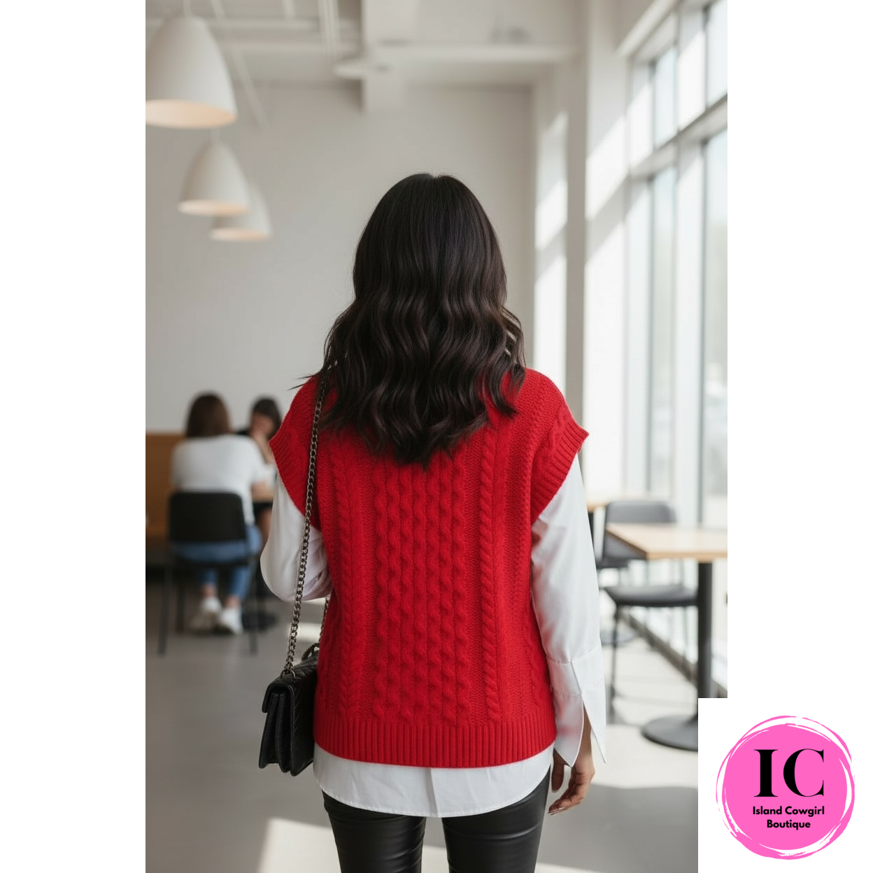 Cozy Cable Knit Red Crew Neck Vest
