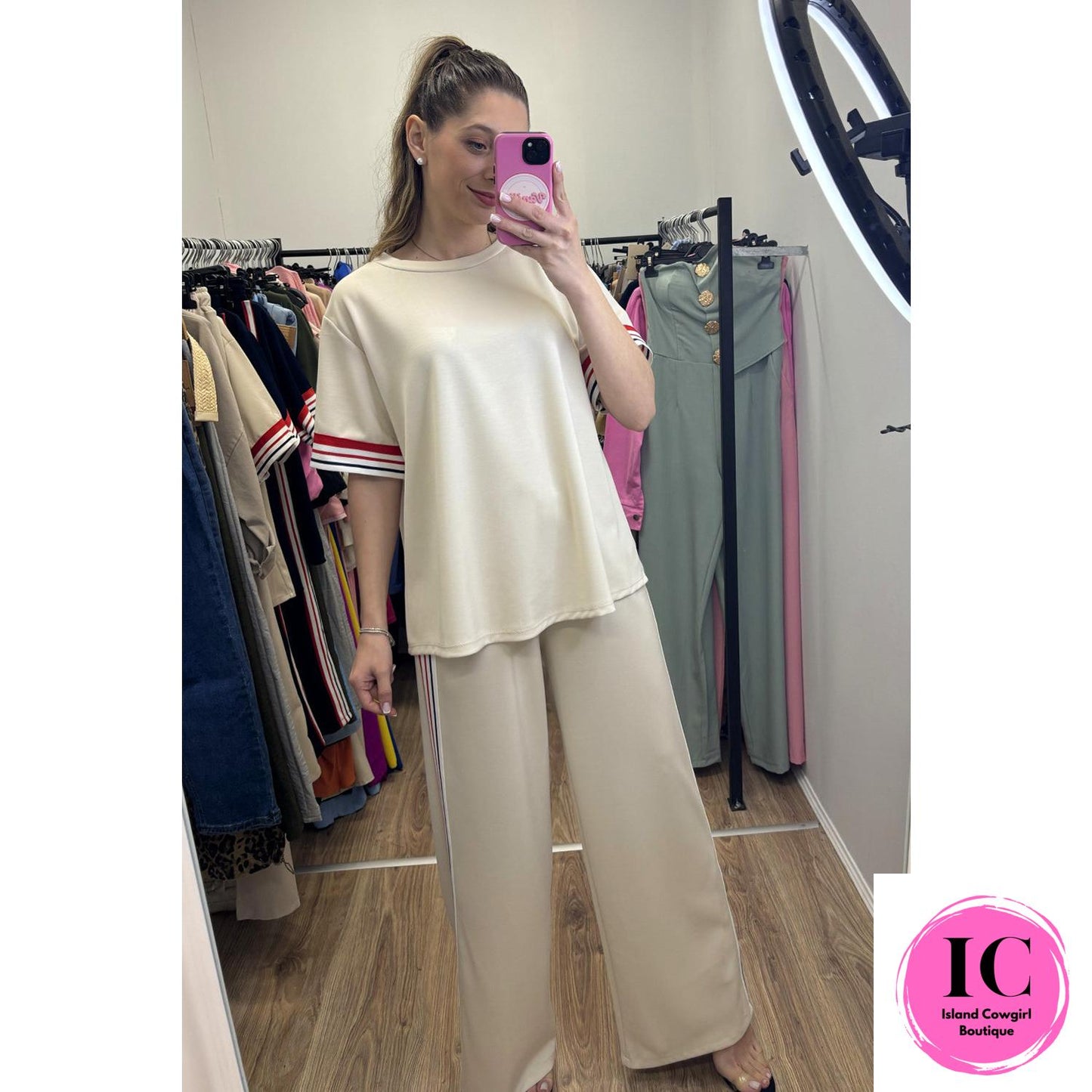 Jet Stream Contrast Striped Trim Crewneck T Shirt Loose Straight Pants Set