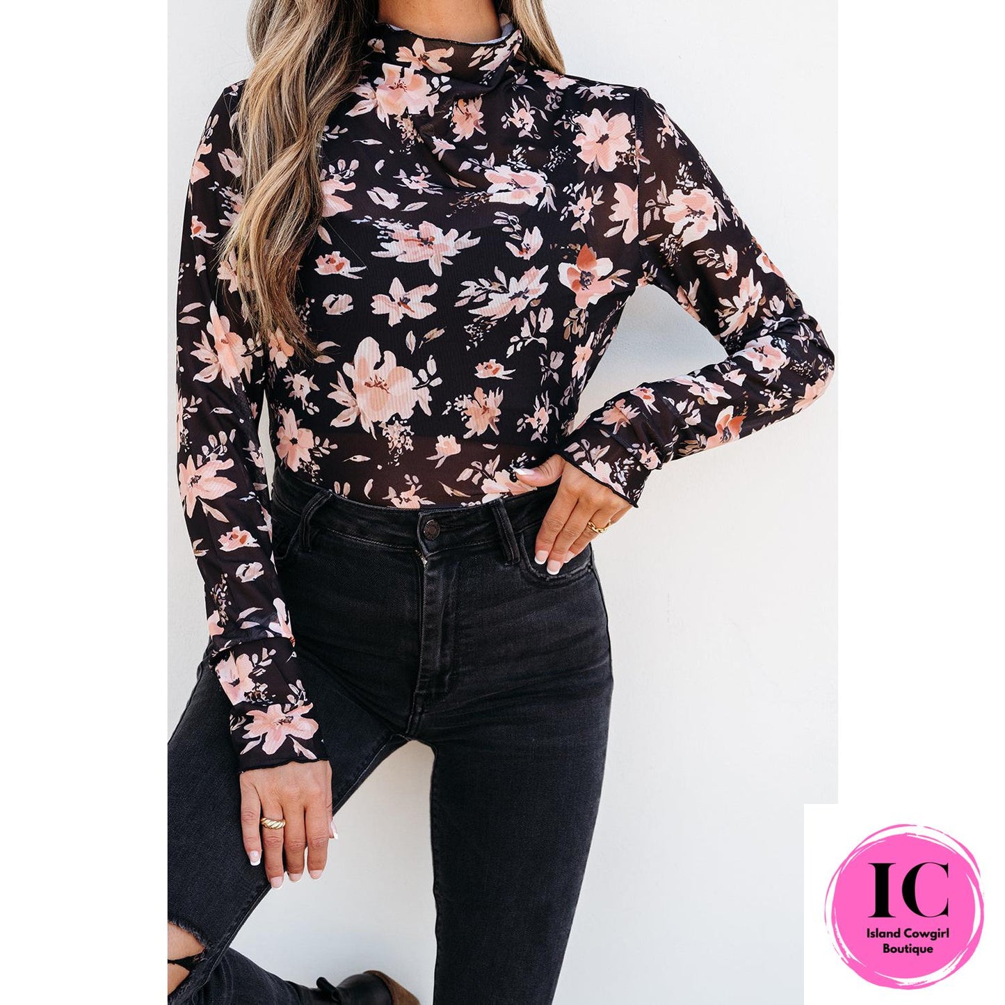 Black Floral Mesh Mock Neck Long Sleeve Slim Fit Top
