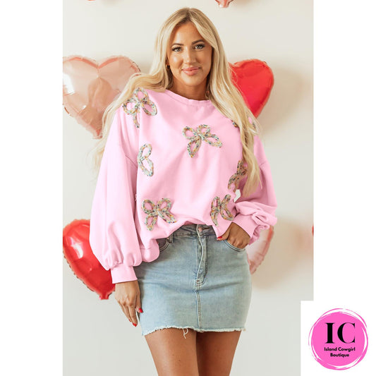Light Pink Embroidered Bow Lantern Sleeve Oversized Pullover Sweatshirt