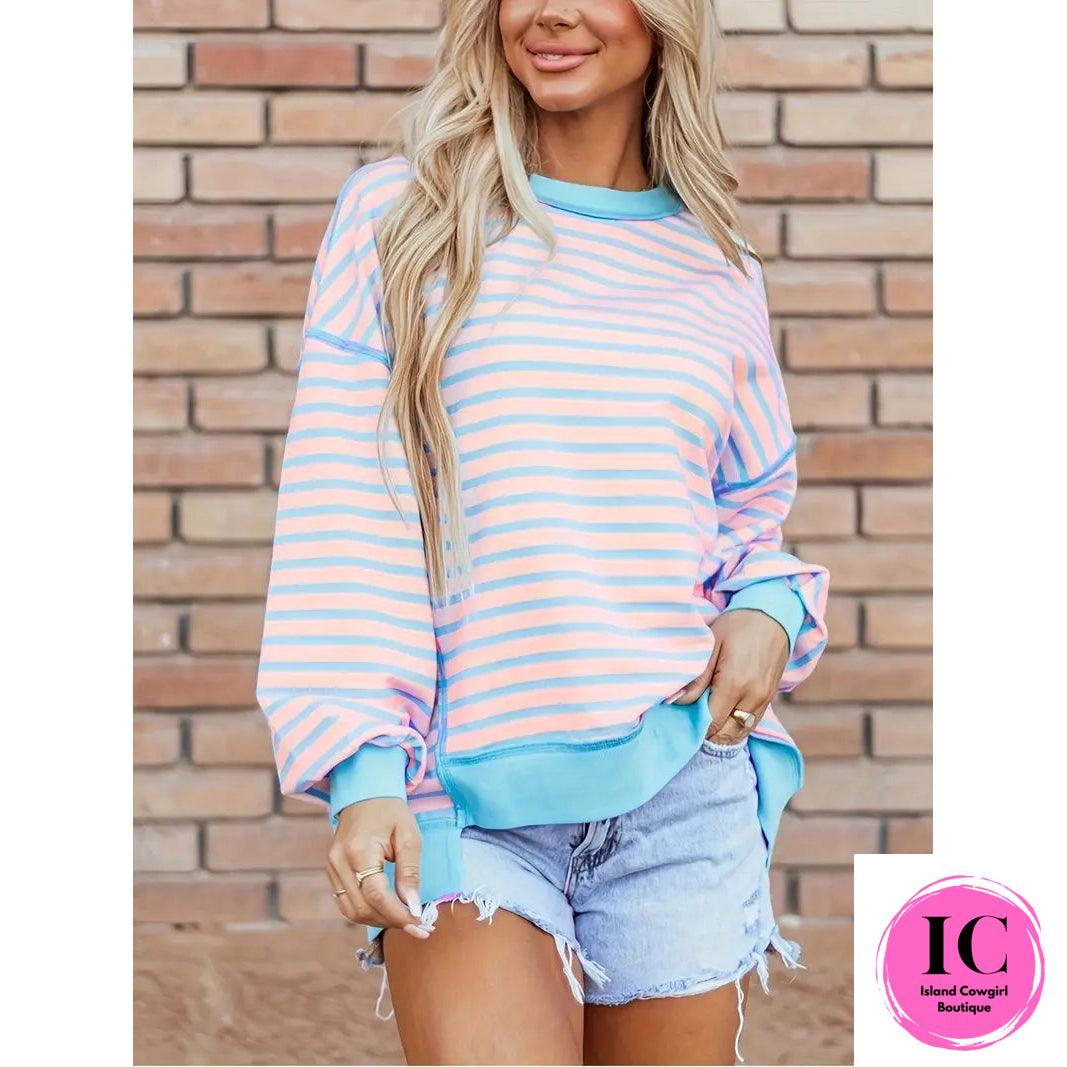 Let's Stay In Berry Striped Sweatshirt