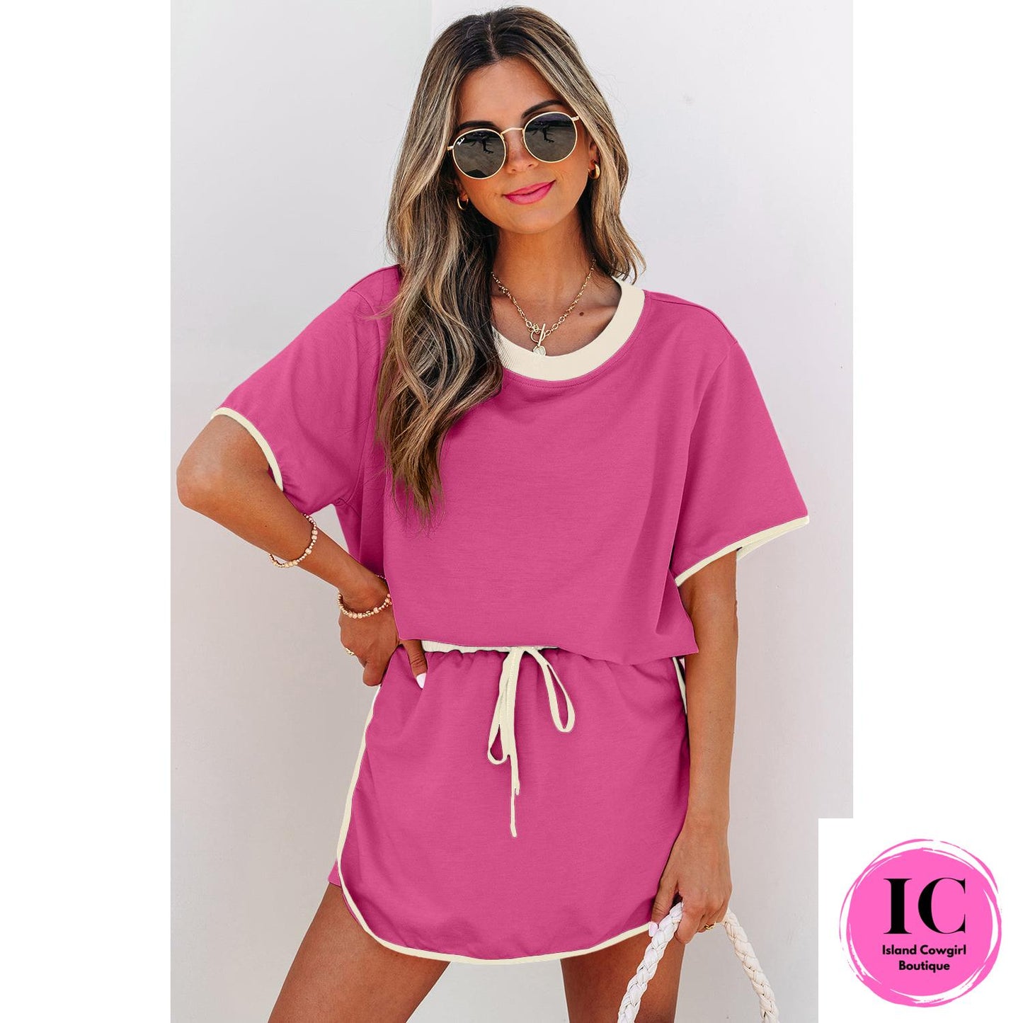 Turquoise Colorblock Edge Drop Shoulder T Shirt and Skort