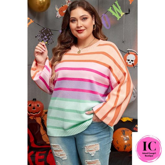 Curvy Girl Pink Stripe Color Block Sweater