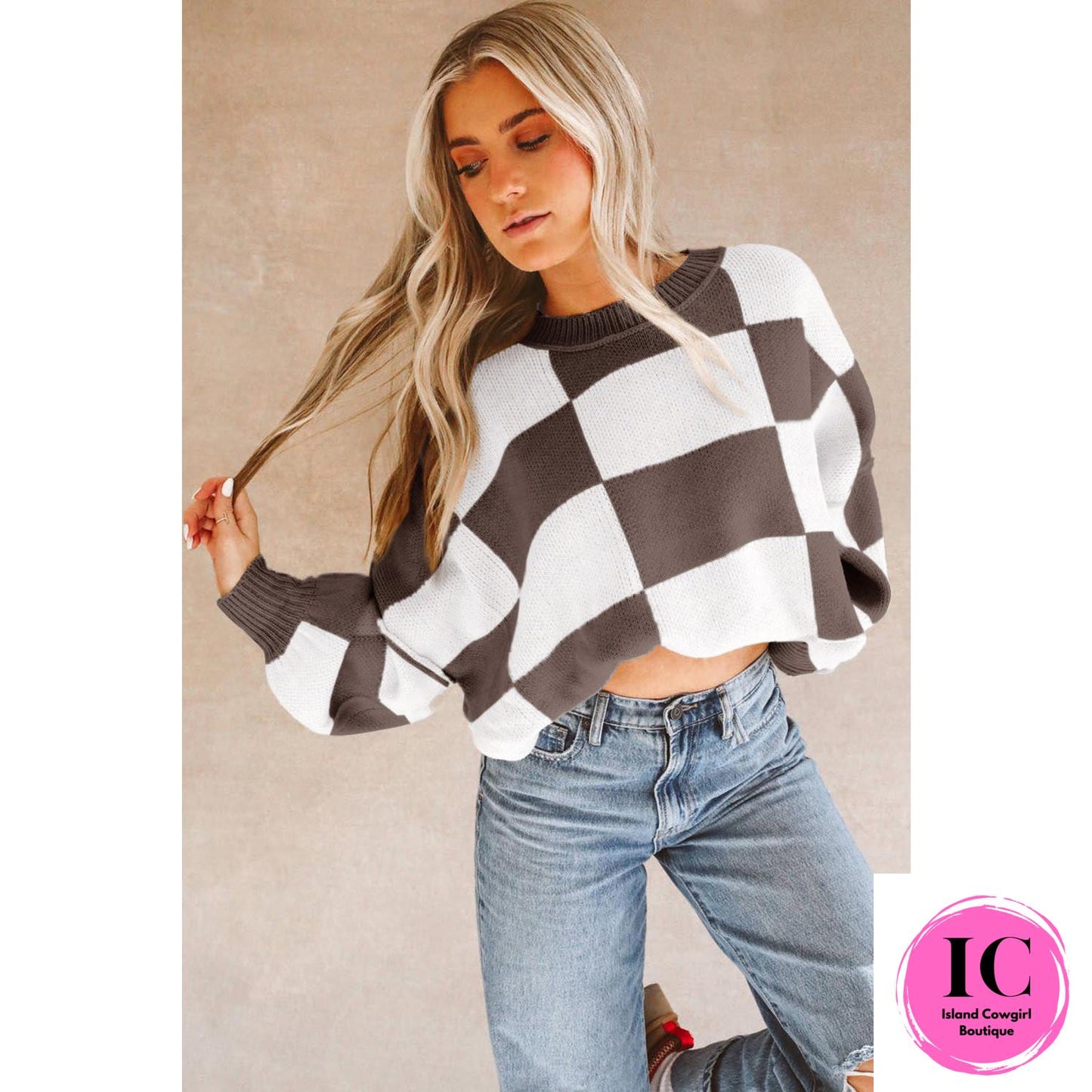 Dark Brown Checkered Bishop Sleeve Sweater