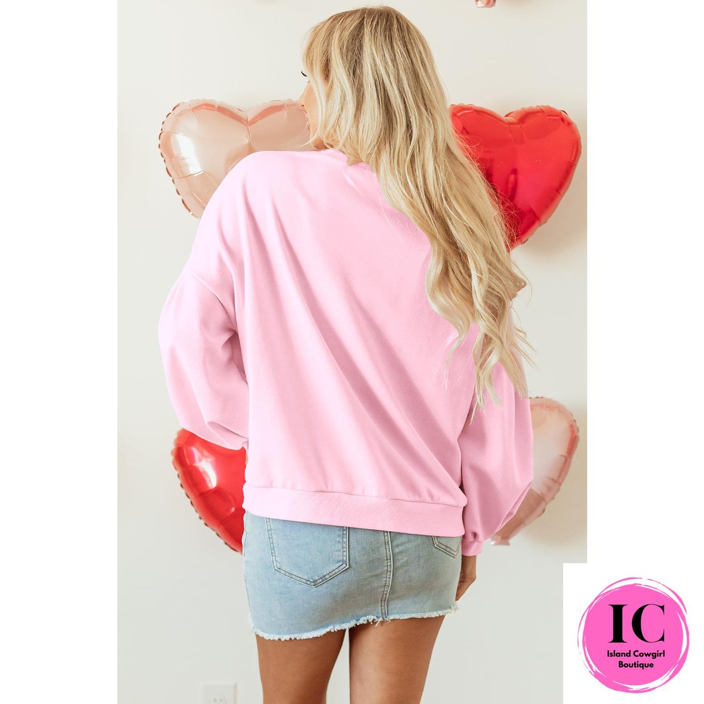 Light Pink Embroidered Bow Lantern Sleeve Oversized Pullover Sweatshirt