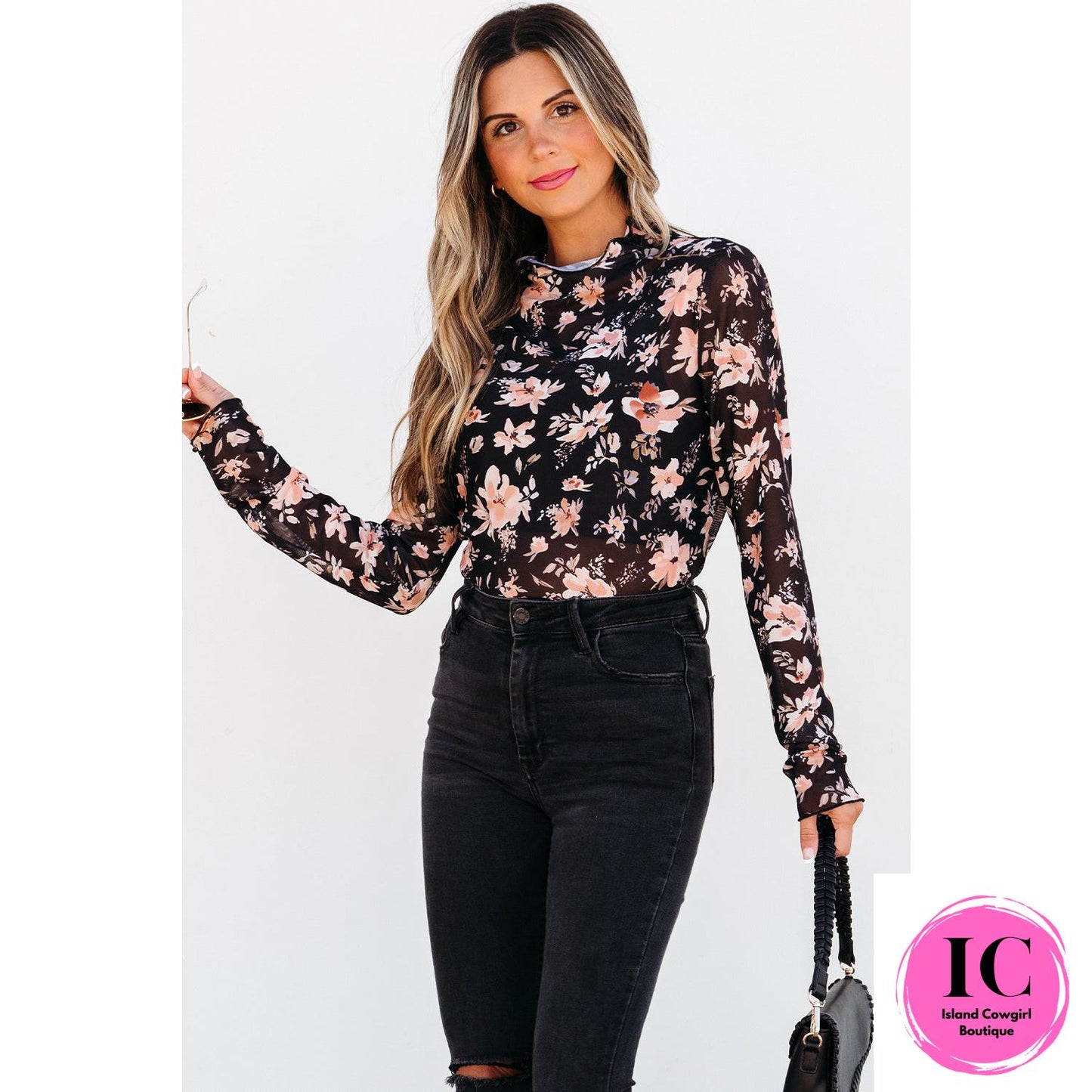 Black Floral Mesh Mock Neck Long Sleeve Slim Fit Top