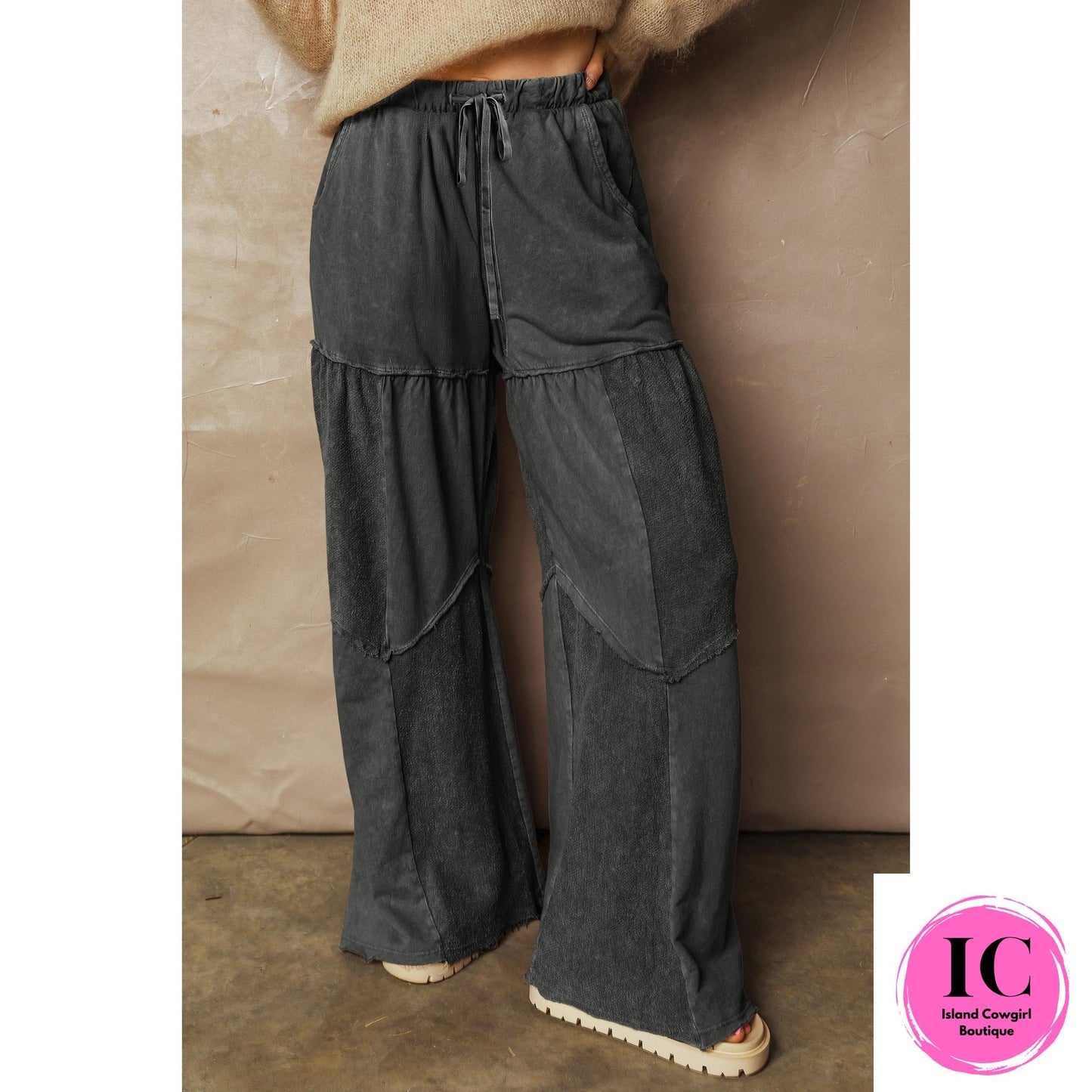 Black Mineral Wash Tiered Wide Leg Patchwork Drawstring Pants