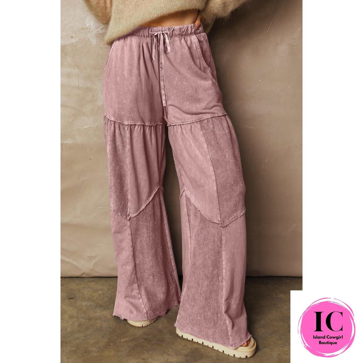 Black Mineral Wash Tiered Wide Leg Patchwork Drawstring Pants