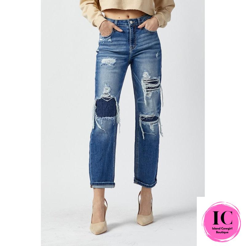 Risen: Let It All Go Dark Wash High Rise Straight Jeans