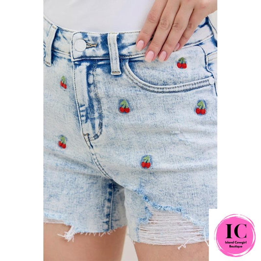 Judy Blue: Cherry Embroidery Acid Wash Shorts