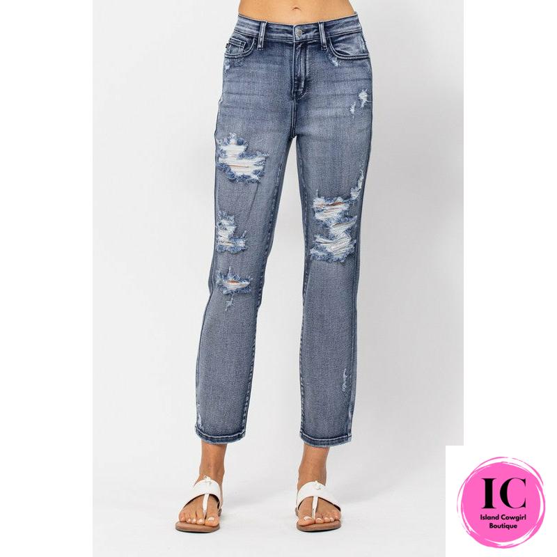 Straight Leg Jeans for Women Ripped Distressed Slit High Waist