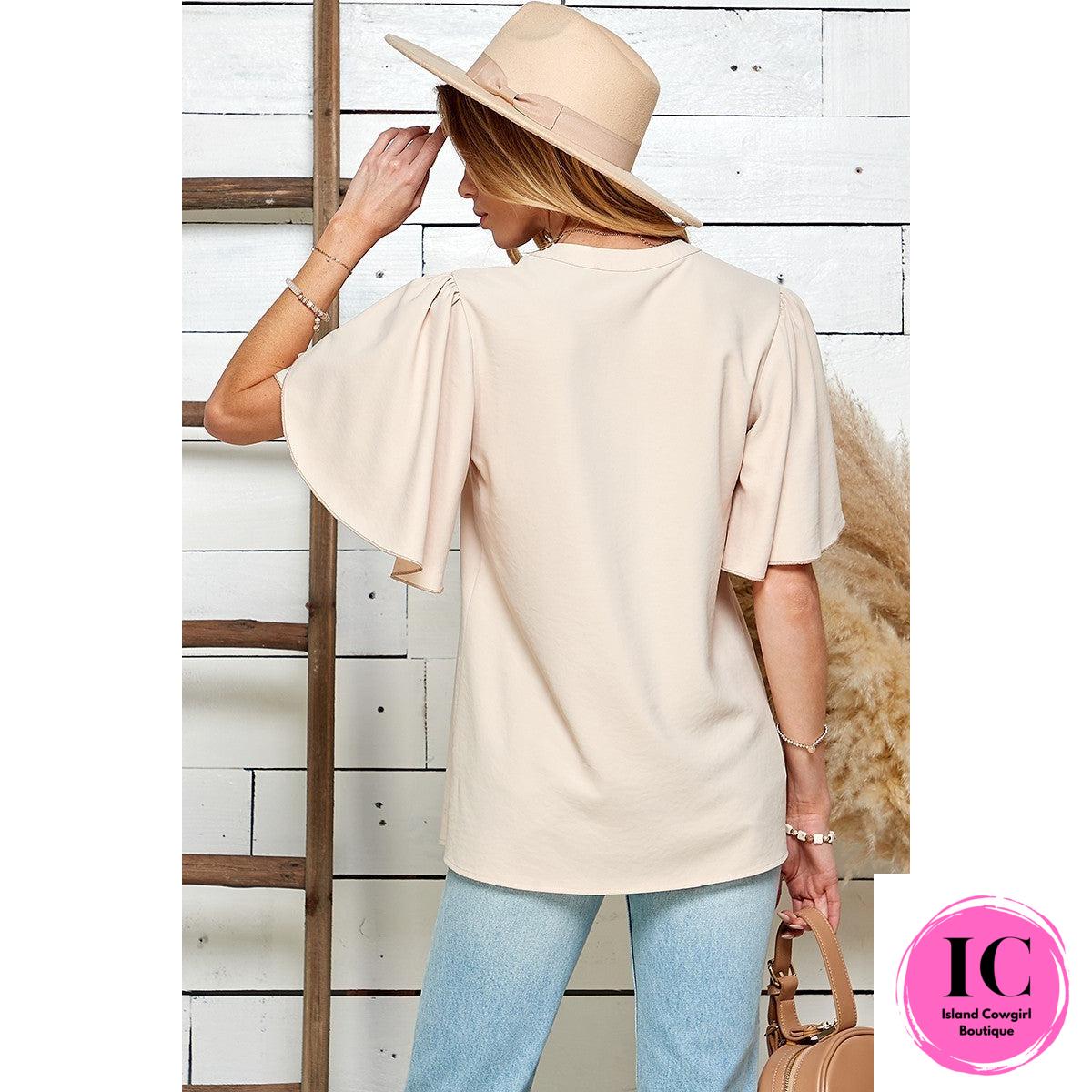 See You Out Light Sand Ruffled Blouse