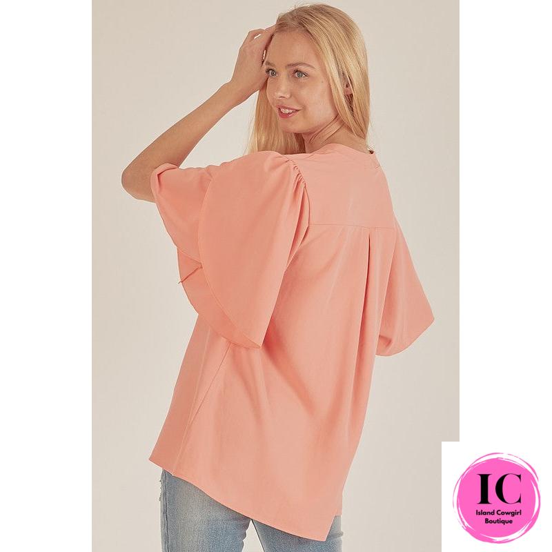 See You Out Light Coral Ruffled Blouse