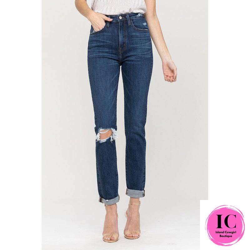 Flying Monkey: Distressed Roll Up Stretch Mom Jeans