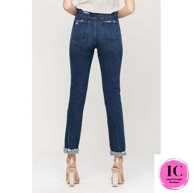 Flying Monkey: Distressed Roll Up Stretch Mom Jeans