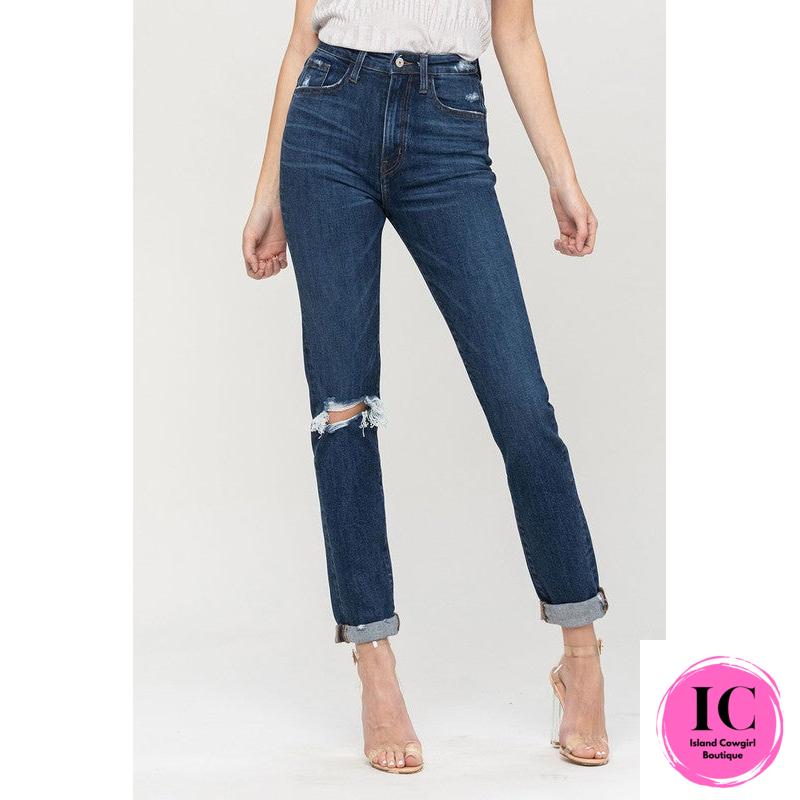 Flying Monkey: Distressed Roll Up Stretch Mom Jeans