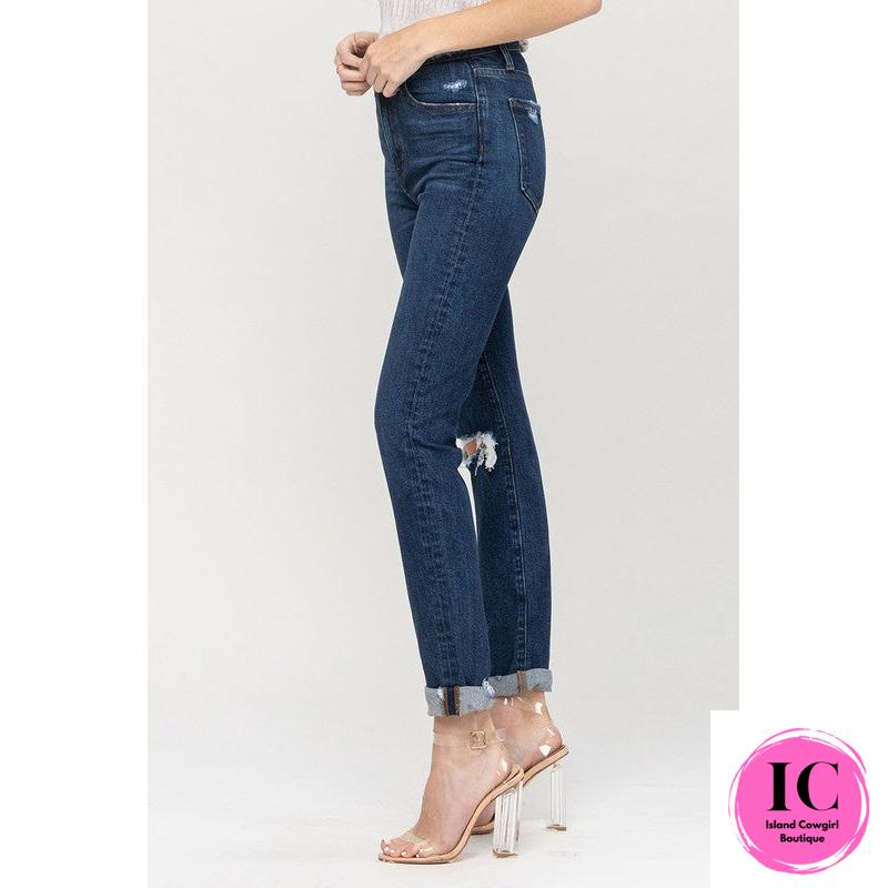 Flying Monkey: Distressed Roll Up Stretch Mom Jeans