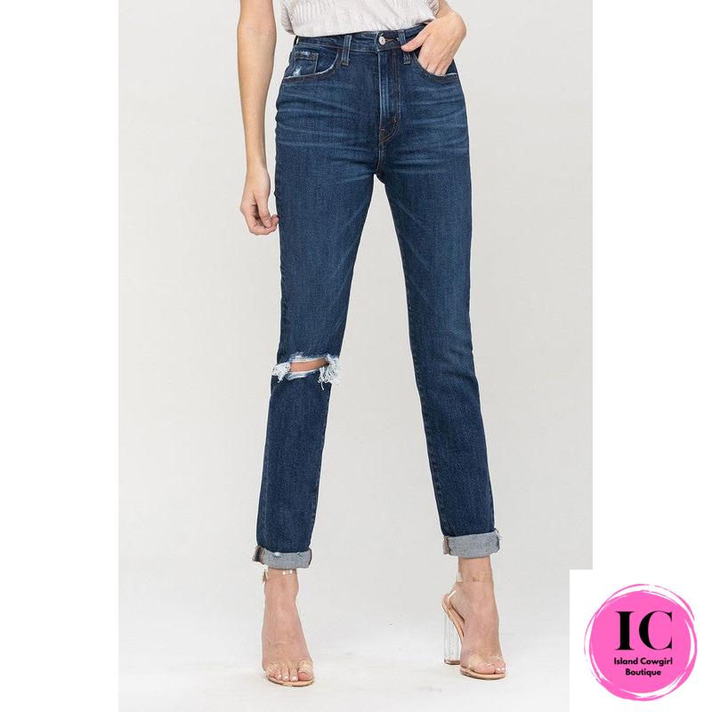 Flying Monkey: Distressed Roll Up Stretch Mom Jeans