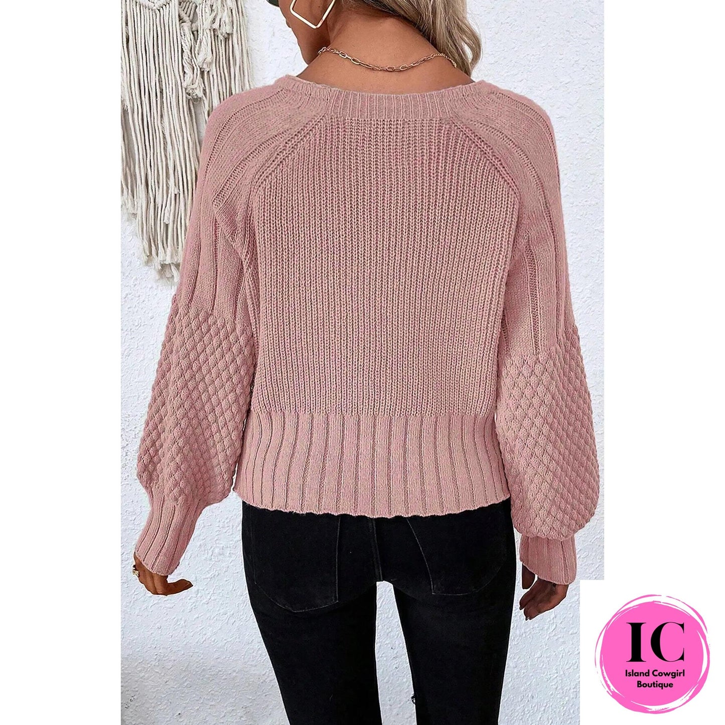 Light Pink Mixed Texture Knit Button V Neck Sweater Cardigan