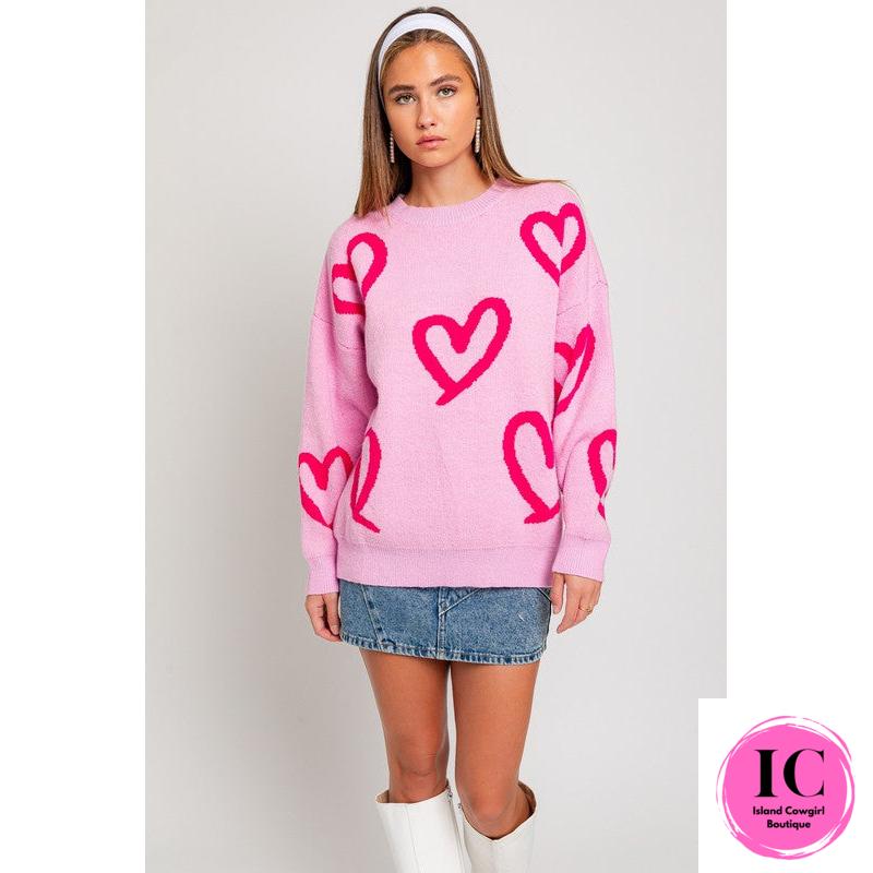 Long Sleeve Round Neck Heart Printed Sweater