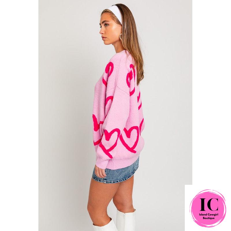 Long Sleeve Round Neck Heart Printed Sweater