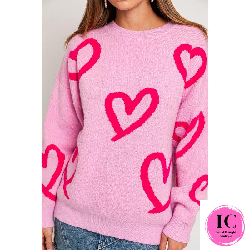 Long Sleeve Round Neck Heart Printed Sweater