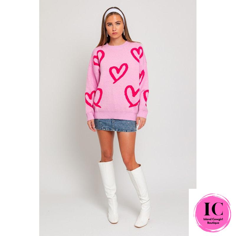 Long Sleeve Round Neck Heart Printed Sweater