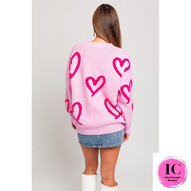 Long Sleeve Round Neck Heart Printed Sweater