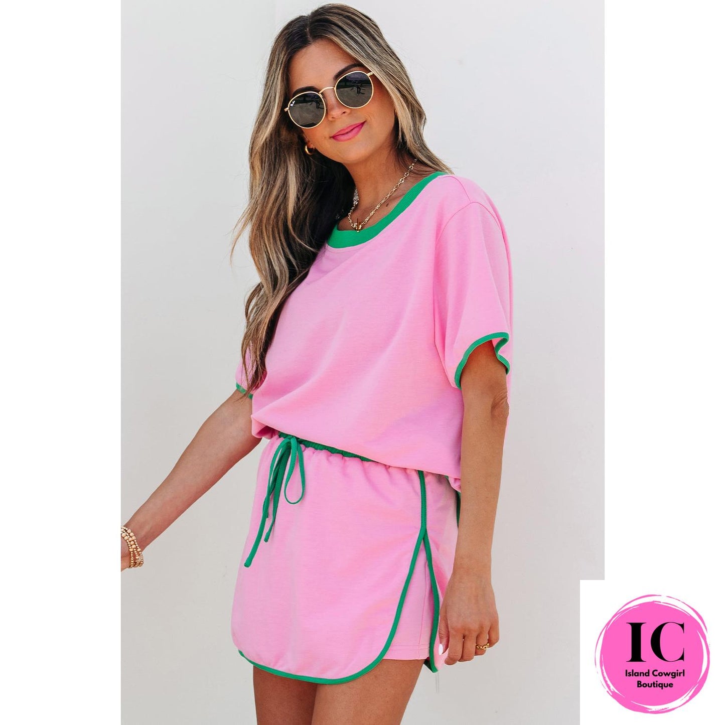 Turquoise Colorblock Edge Drop Shoulder T Shirt and Skort