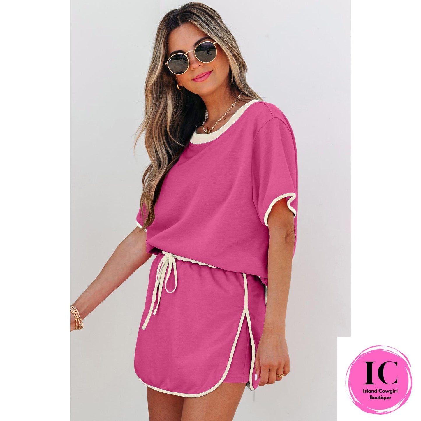 Turquoise Colorblock Edge Drop Shoulder T Shirt and Skort
