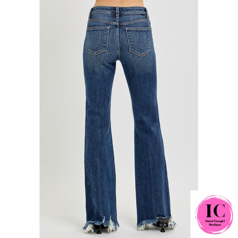 Risen: Mid Rise Flare Frayed Hem Jeans